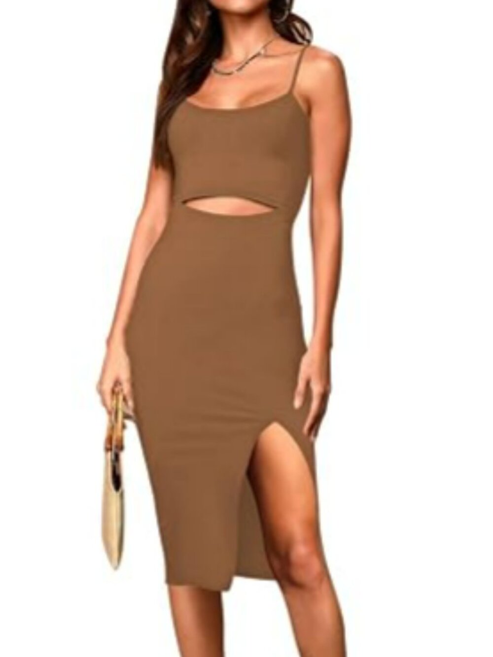 ## ✨ Camel Tan Ribbed Cut-Out Front-Slit Cami Midi Dress ✨